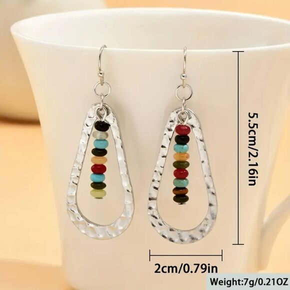 Hammered Silver Beaded Teardrop Dangle Earrings Vintage Drop Colorful Boho Jwlry - Picture 4 of 5